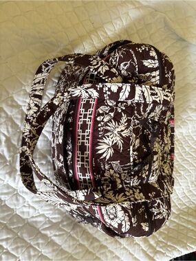 Vera Bradley Brown and Cream Quilted Duffel Diaper Bag with Pink Trim